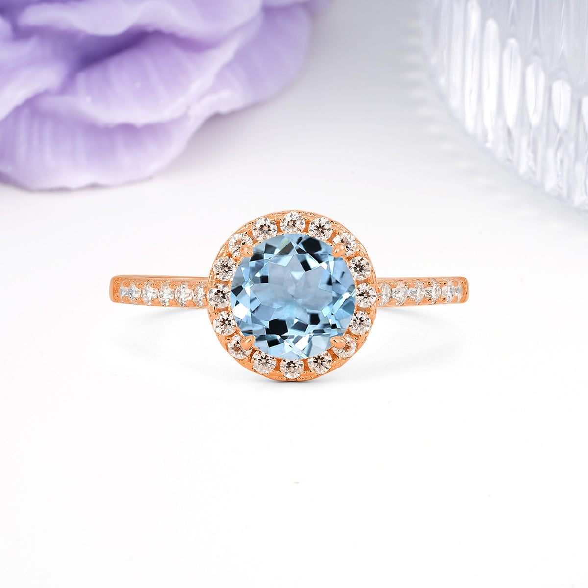 Luxurious Classic Pavé-Set, 4-Prong Round Cut Aquamarine Engagement Ring - Additional view