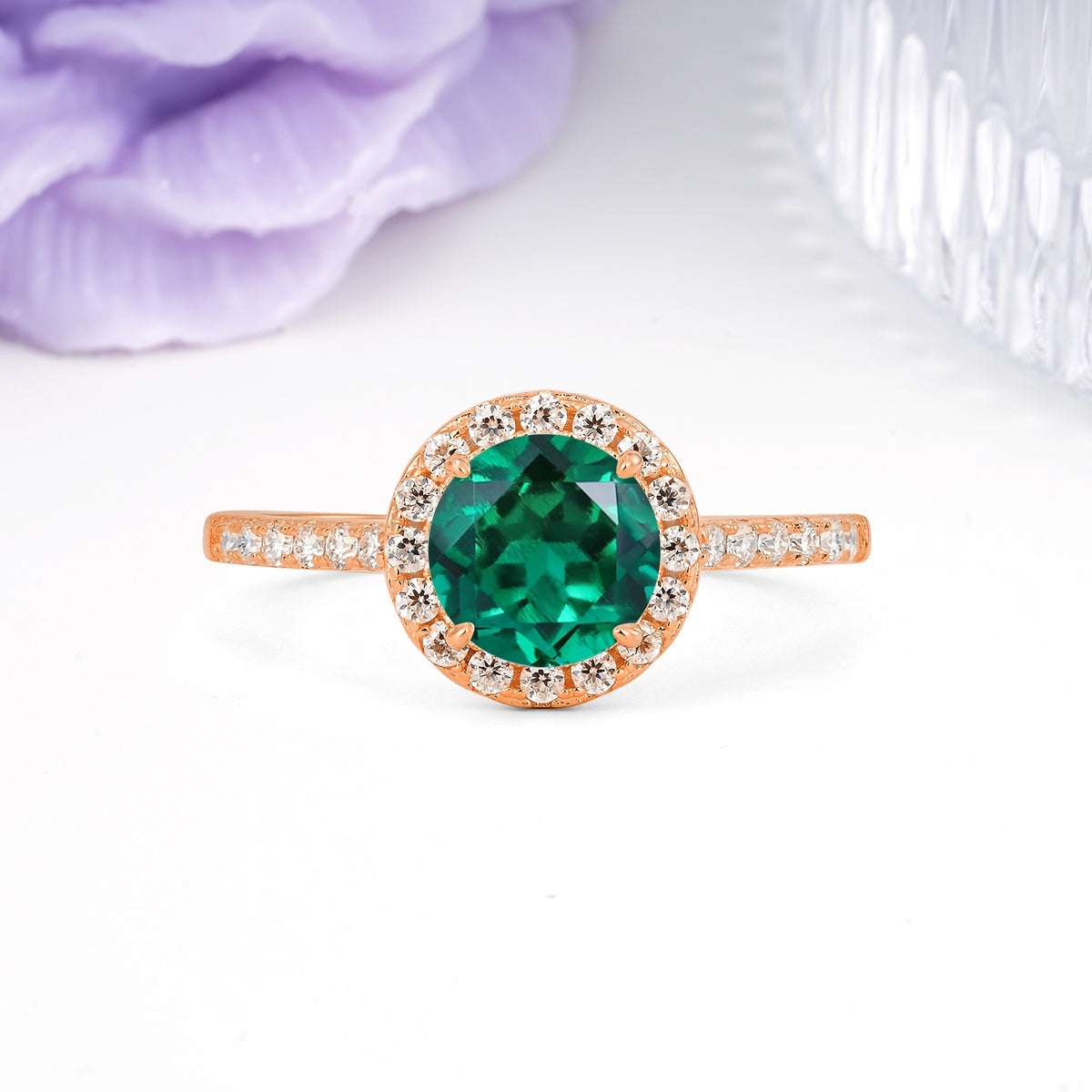 Luxurious Classic Pavé-Set, 4-Prong Round Cut Emerald Engagement Ring - Additional view