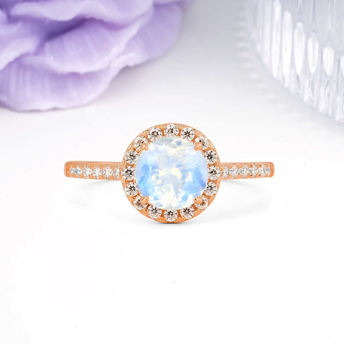 Luxurious Classic Pavé-Set, 4-Prong Round Cut Moonstone Engagement Ring - Additional view