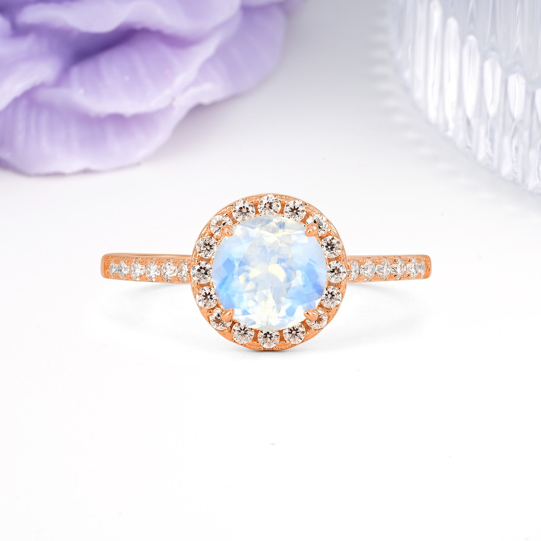 Luxurious Classic Pavé-Set, 4-Prong Round Cut Moonstone Engagement Ring - Additional view