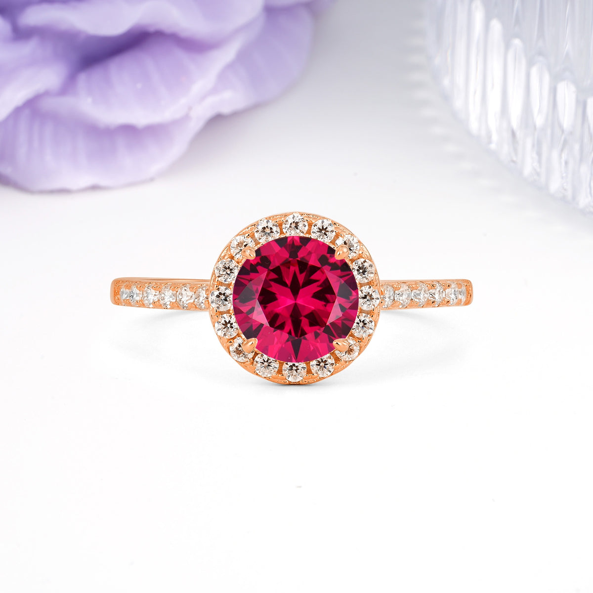 Luxurious Classic Pavé-Set, 4-Prong Round Cut Ruby Engagement Ring - Additional view