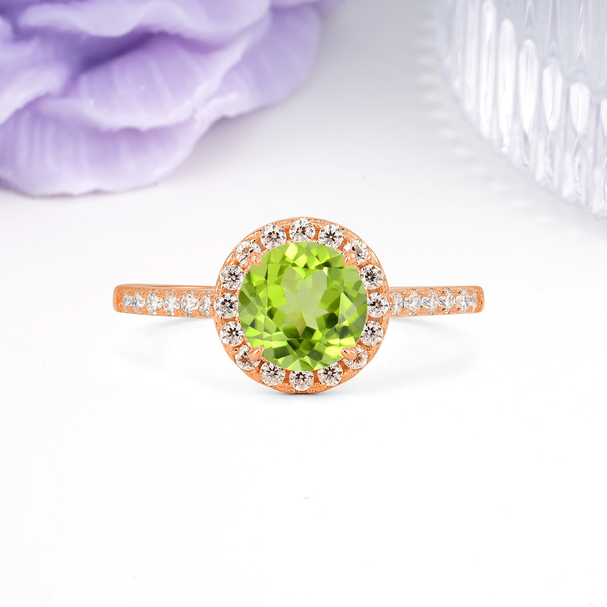 Luxurious Classic Pavé-Set, 4-Prong Round Cut Peridot Engagement Ring - Additional view