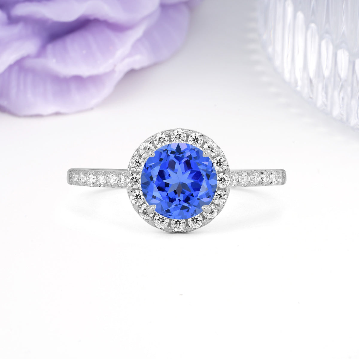 Luxurious Classic Pavé-Set, 4-Prong Round Cut Sapphire Engagement Ring - Additional view