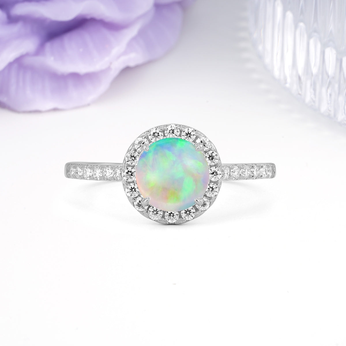 Luxurious Classic Pavé-Set, 4-Prong Round Cut Fire Opal Engagement Ring - Additional view