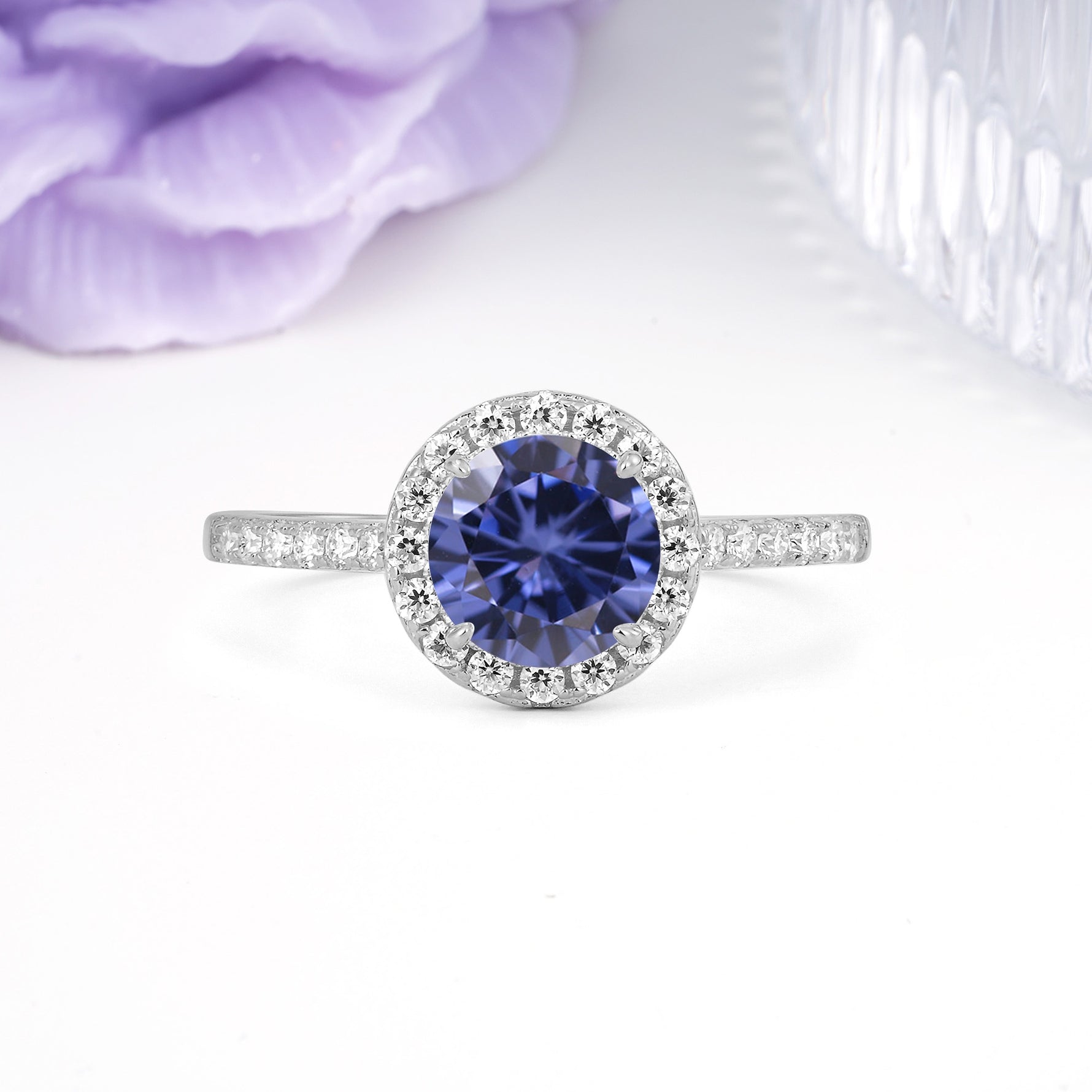 Luxurious Classic Pavé-Set, 4-Prong Round Cut Tanzanite Engagement Ring - Additional view