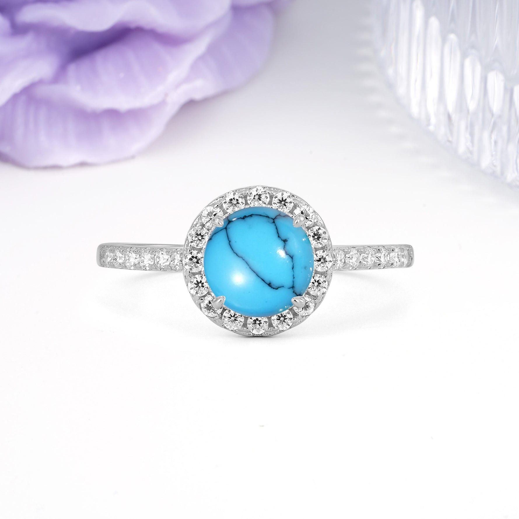 Luxurious Classic Pavé-Set, 4-Prong Round Cut Turquoise Engagement Ring - Additional view