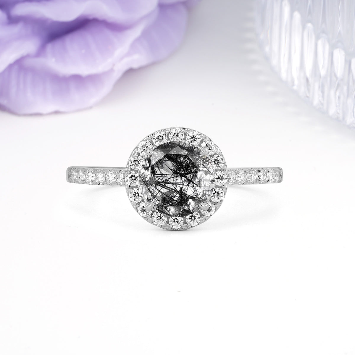 Luxurious Classic Pavé-Set, 4-Prong Round Cut Black Rutilated Quartz Engagement Ring - Additional view