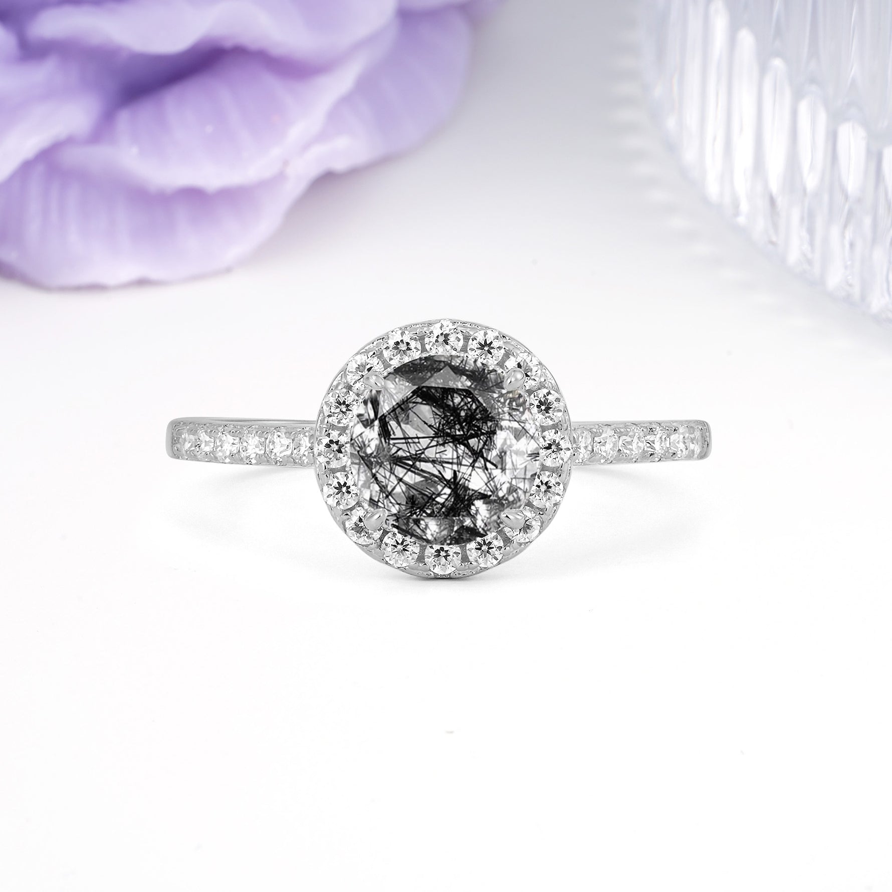 Luxurious Classic Pavé-Set, 4-Prong Round Cut Black Rutilated Quartz Engagement Ring - Additional view