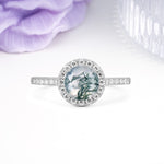Luxurious Classic Pavé-Set, 4-Prong Round Cut Moss Agate Engagement Ring - Additional view