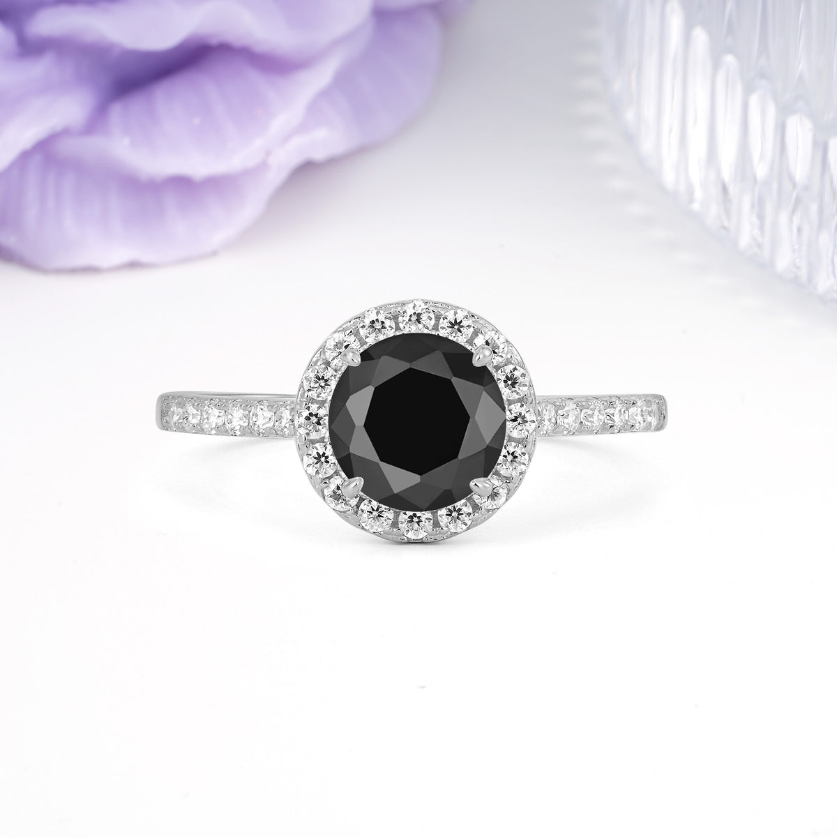 Luxurious Classic Pavé-Set, 4-Prong Round Cut Black Onyx Engagement Ring - Additional view