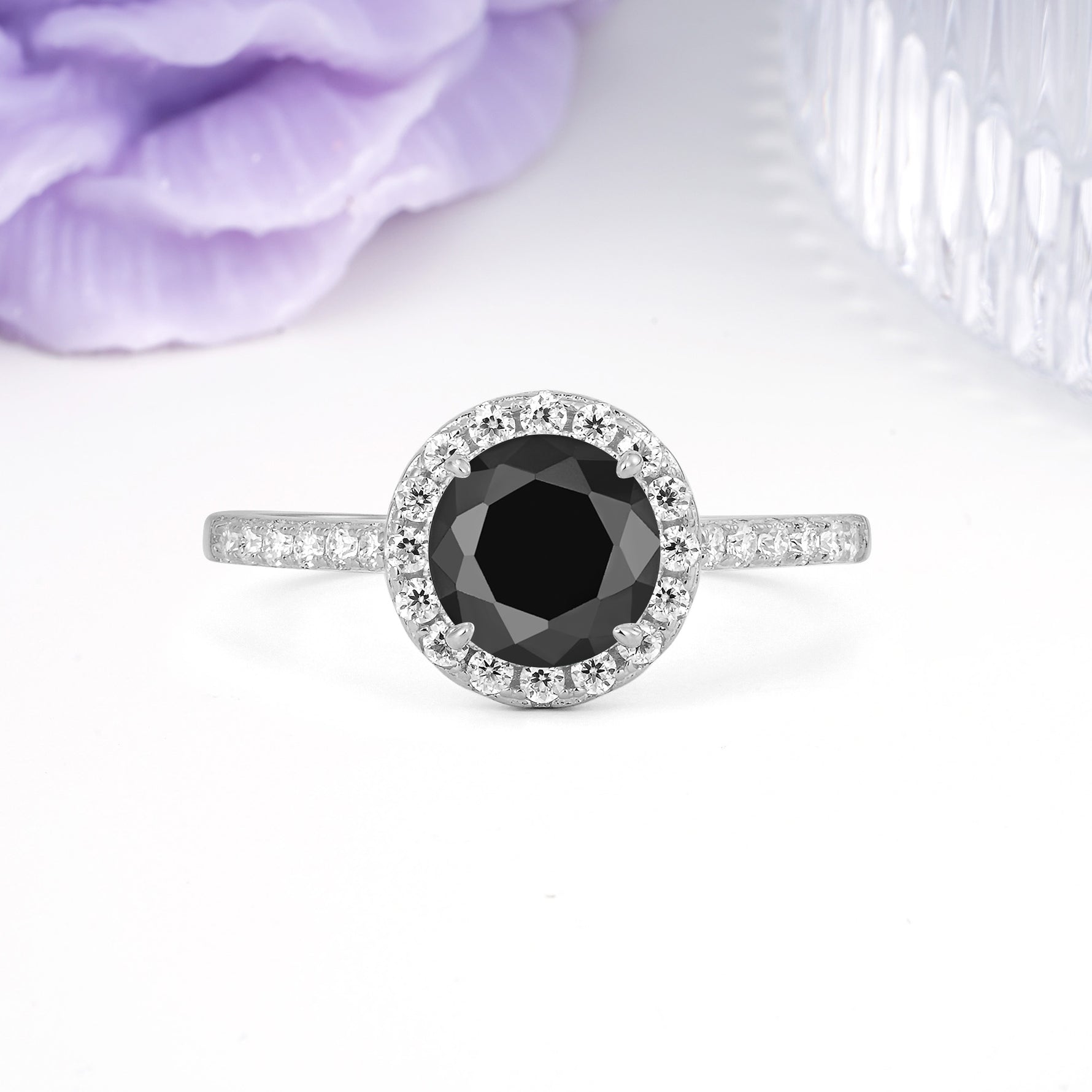 Luxurious Classic Pavé-Set, 4-Prong Round Cut Black Onyx Engagement Ring - Additional view