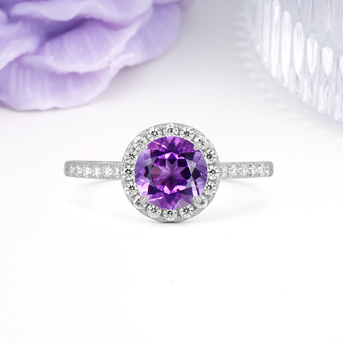 Luxurious Classic Pavé-Set, 4-Prong Round Cut Amethyst Engagement Ring - Additional view