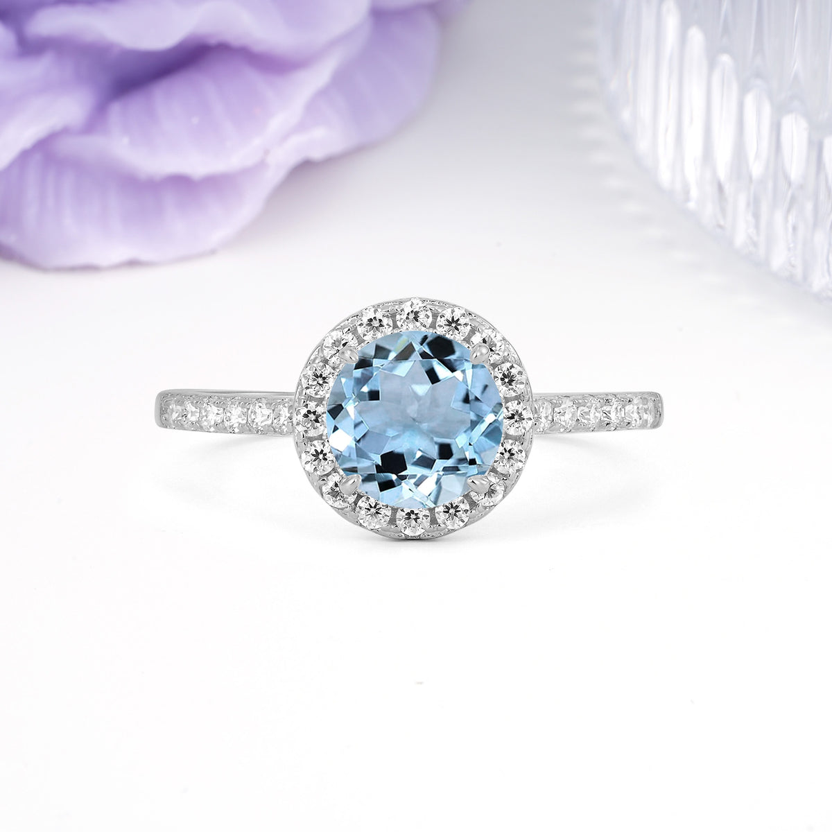 Luxurious Classic Pavé-Set, 4-Prong Round Cut Aquamarine Engagement Ring - Additional view