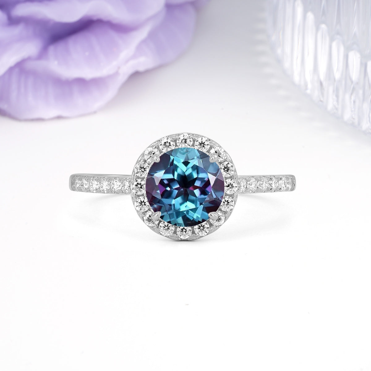 Luxurious Classic Pavé-Set, 4-Prong Round Cut Alexandrite Engagement Ring - Additional view