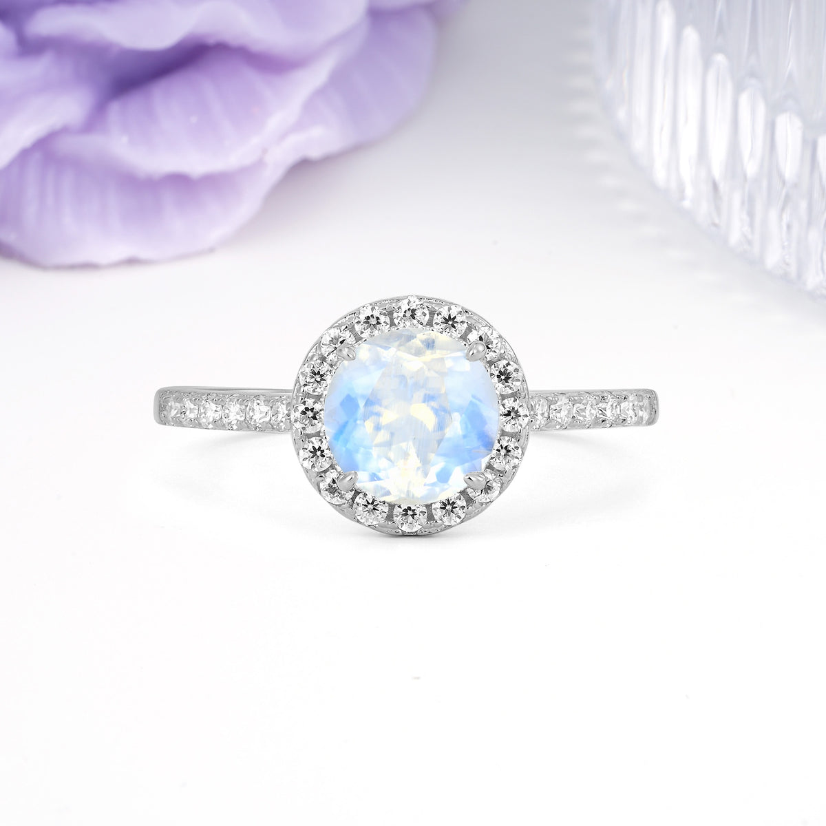 Luxurious Classic Pavé-Set, 4-Prong Round Cut Moonstone Engagement Ring - Additional view