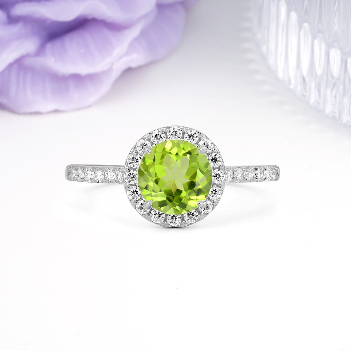 Luxurious Classic Pavé-Set, 4-Prong Round Cut Peridot Engagement Ring - Additional view