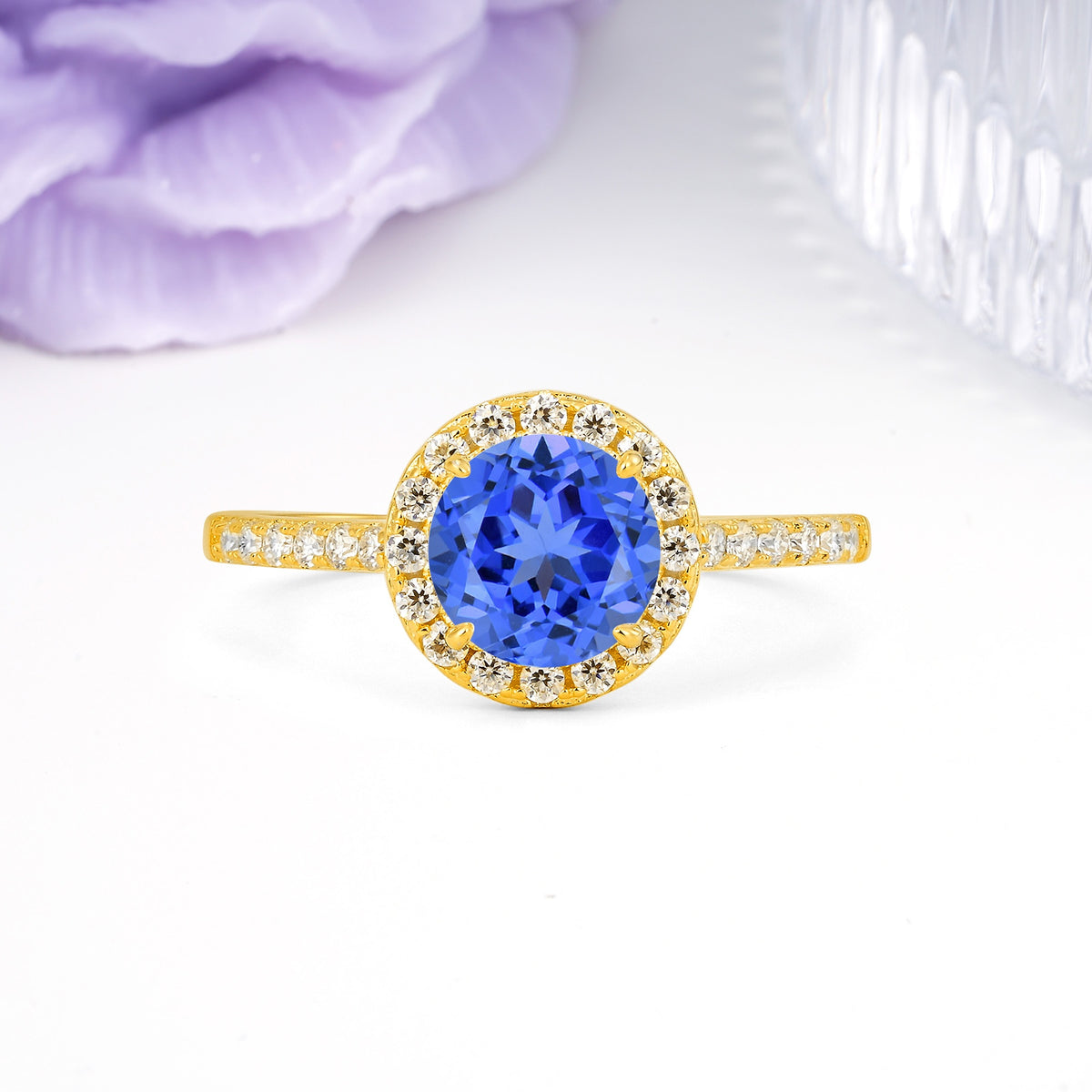 Luxurious Classic Pavé-Set, 4-Prong Round Cut Sapphire Engagement Ring - Additional view