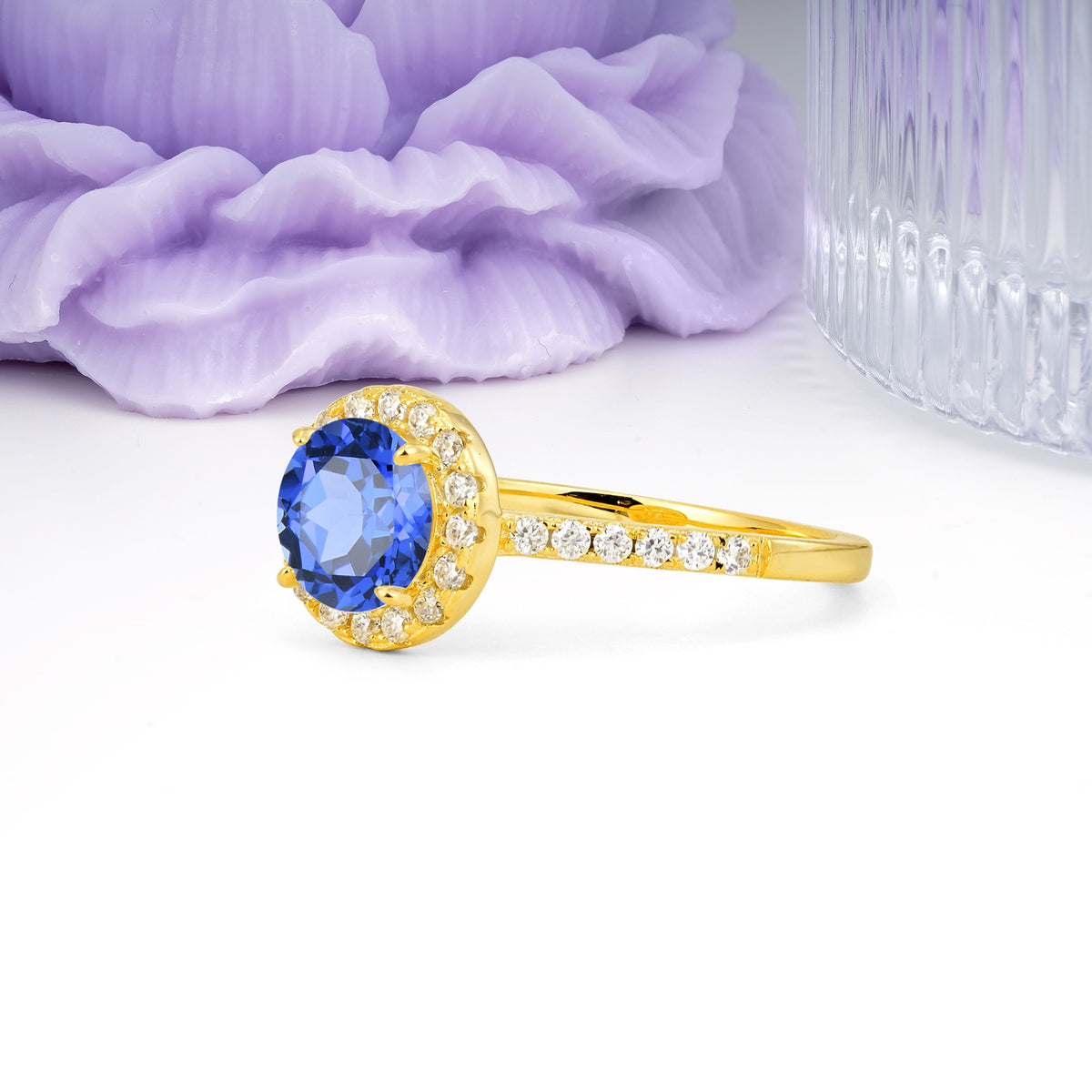 Luxurious Classic Pavé-Set, 4-Prong Round Cut Sapphire Engagement Ring - Additional view