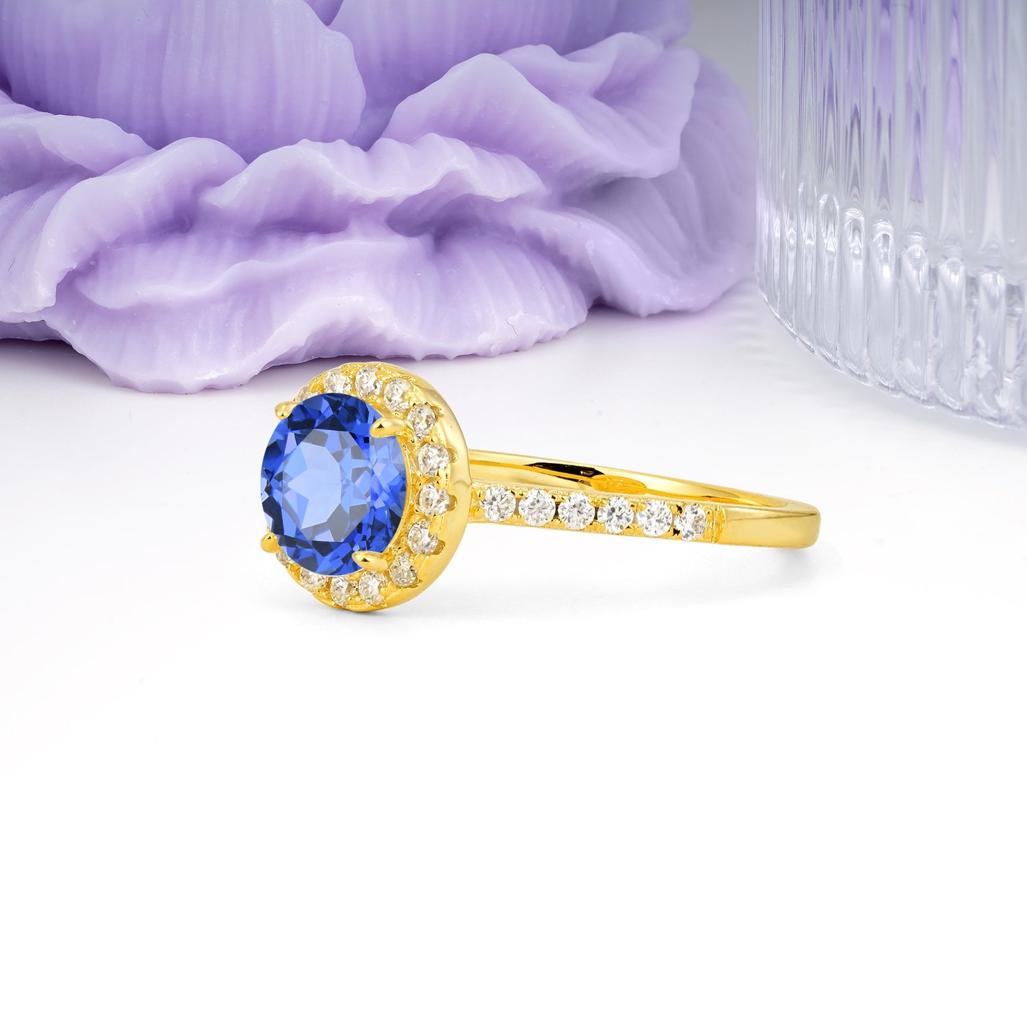 Luxurious Classic Pavé-Set, 4-Prong Round Cut Sapphire Engagement Ring - Additional view
