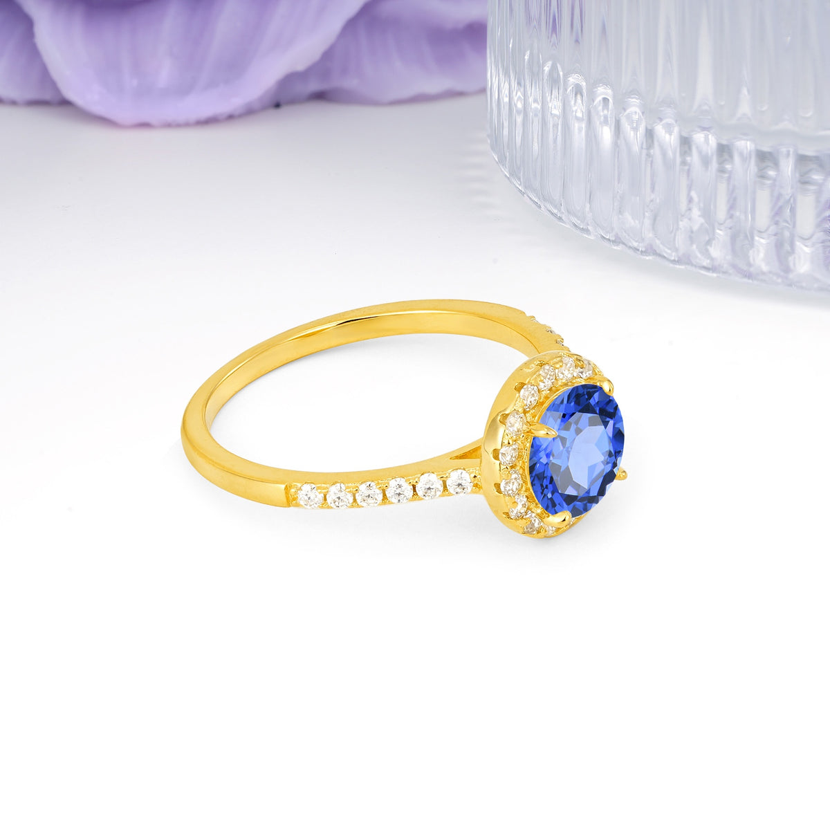 Luxurious Classic Pavé-Set, 4-Prong Round Cut Sapphire Engagement Ring - Additional view