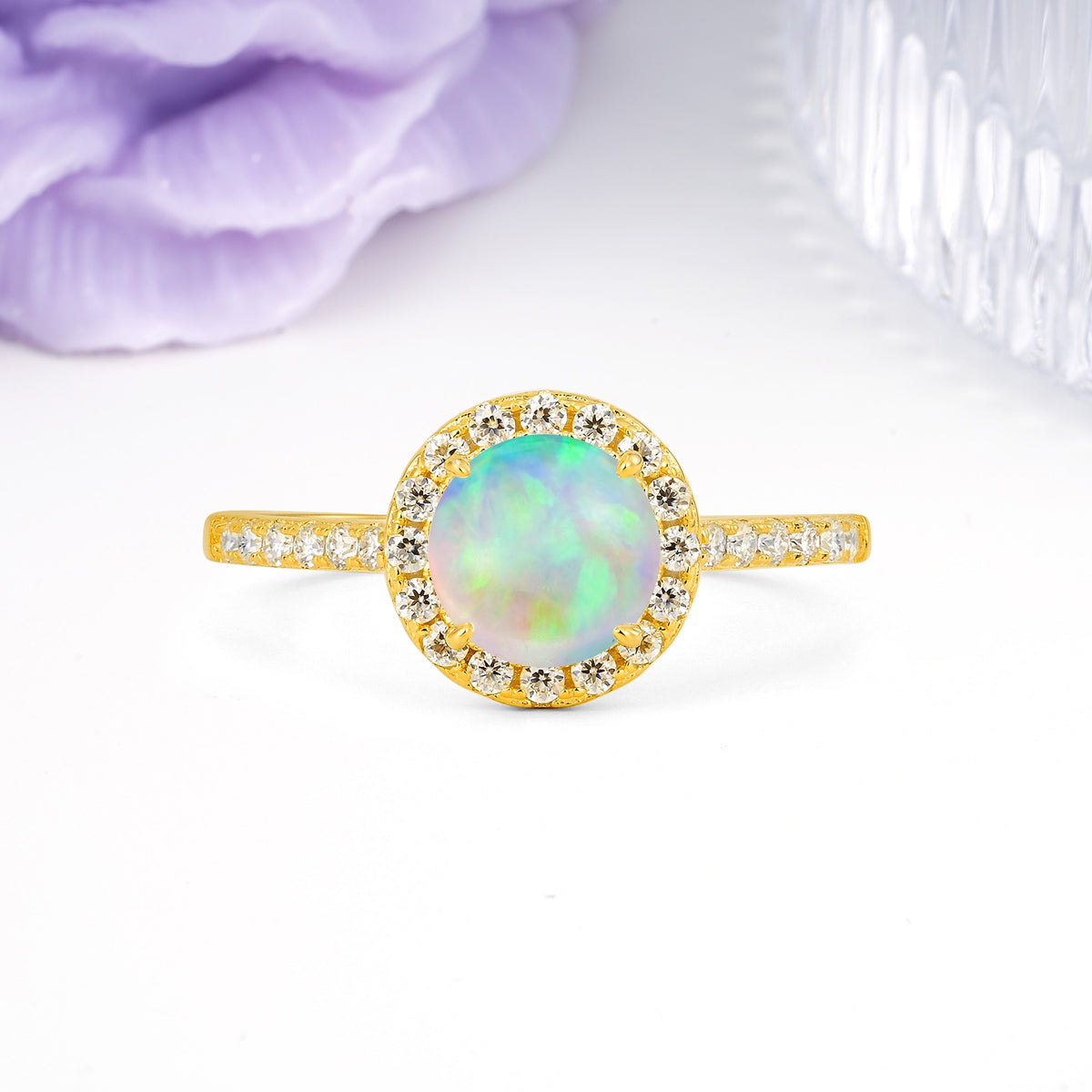 Luxurious Classic Pavé-Set, 4-Prong Round Cut Fire Opal Engagement Ring - Additional view