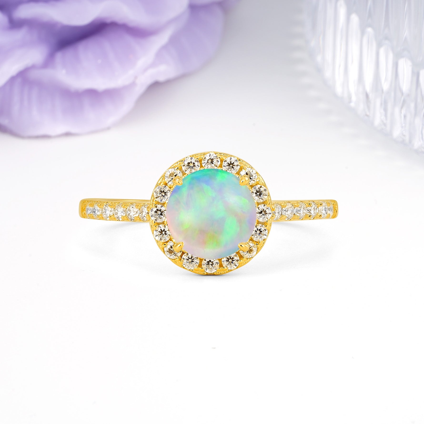 Luxurious Classic Pavé-Set, 4-Prong Round Cut Fire Opal Engagement Ring - Additional view