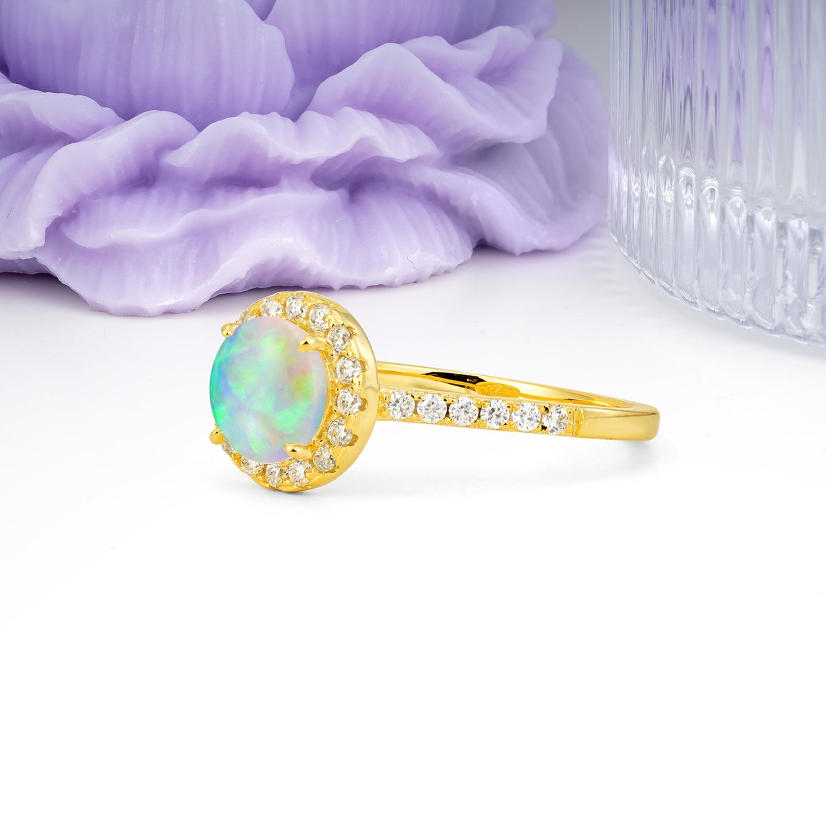 Luxurious Classic Pavé-Set, 4-Prong Round Cut Fire Opal Engagement Ring - Additional view