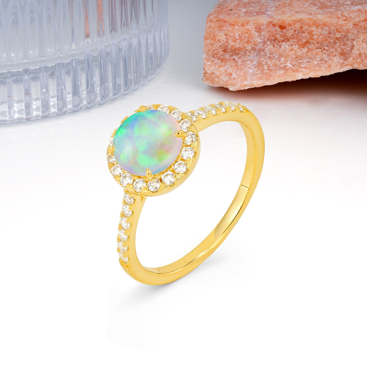 Luxurious Classic Pavé-Set, 4-Prong Round Cut Fire Opal Engagement Ring - Additional view