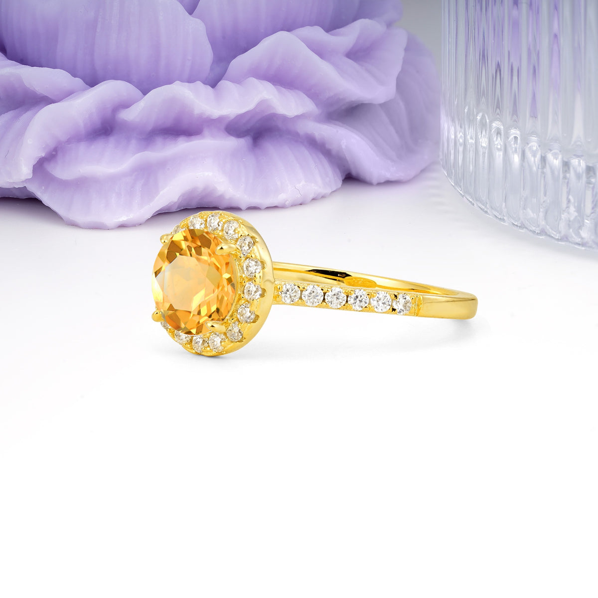 Luxurious Classic Pavé-Set, 4-Prong Round Cut Citrine Engagement Ring - Additional view