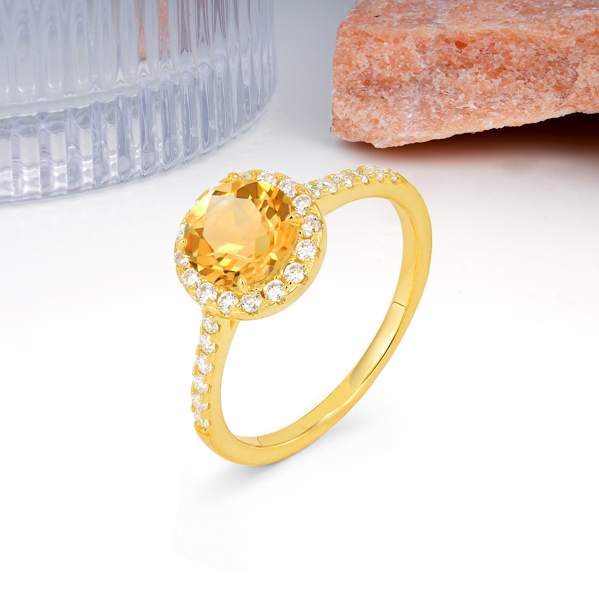 Luxurious Classic Pavé-Set, 4-Prong Round Cut Citrine Engagement Ring - Additional view