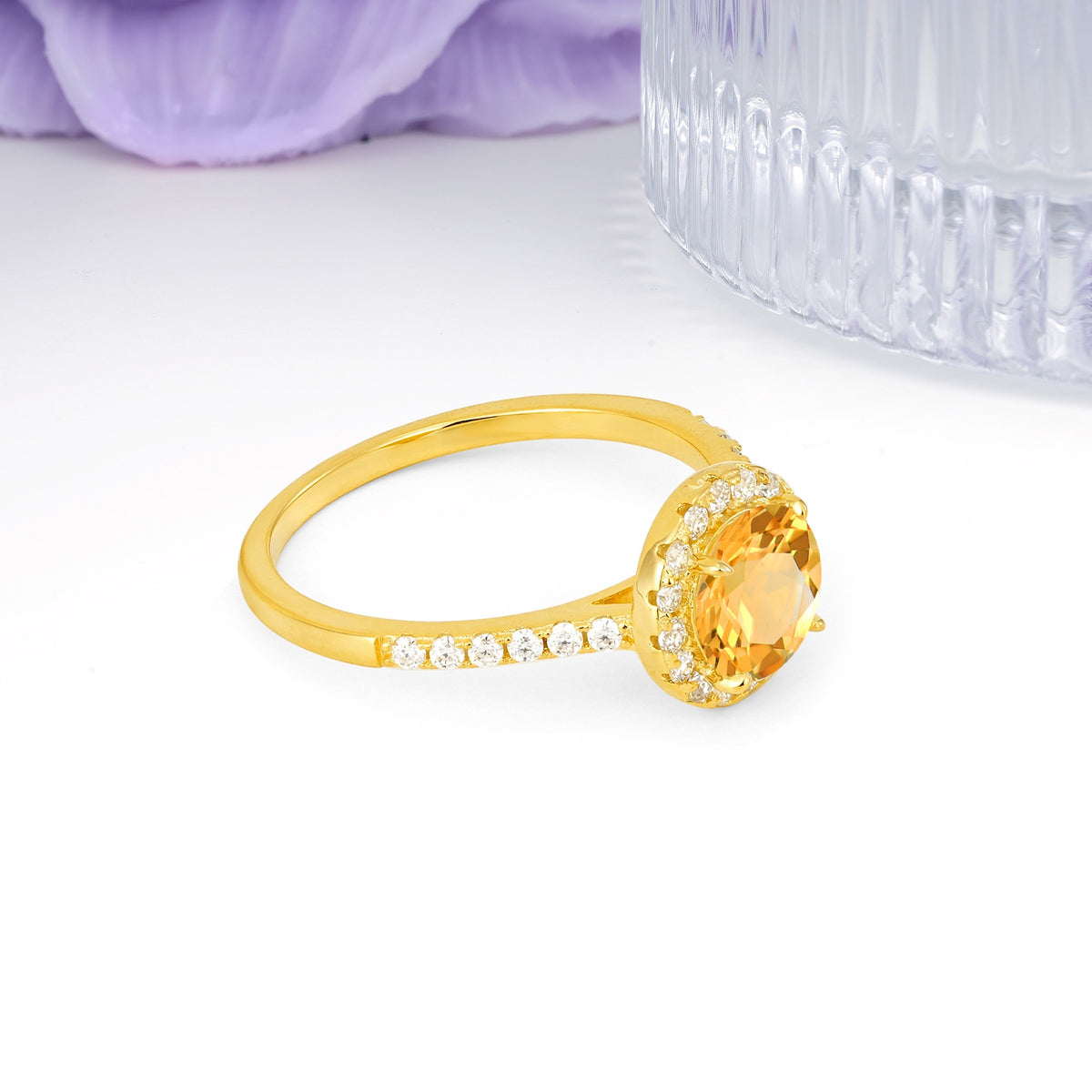 Luxurious Classic Pavé-Set, 4-Prong Round Cut Citrine Engagement Ring - Additional view