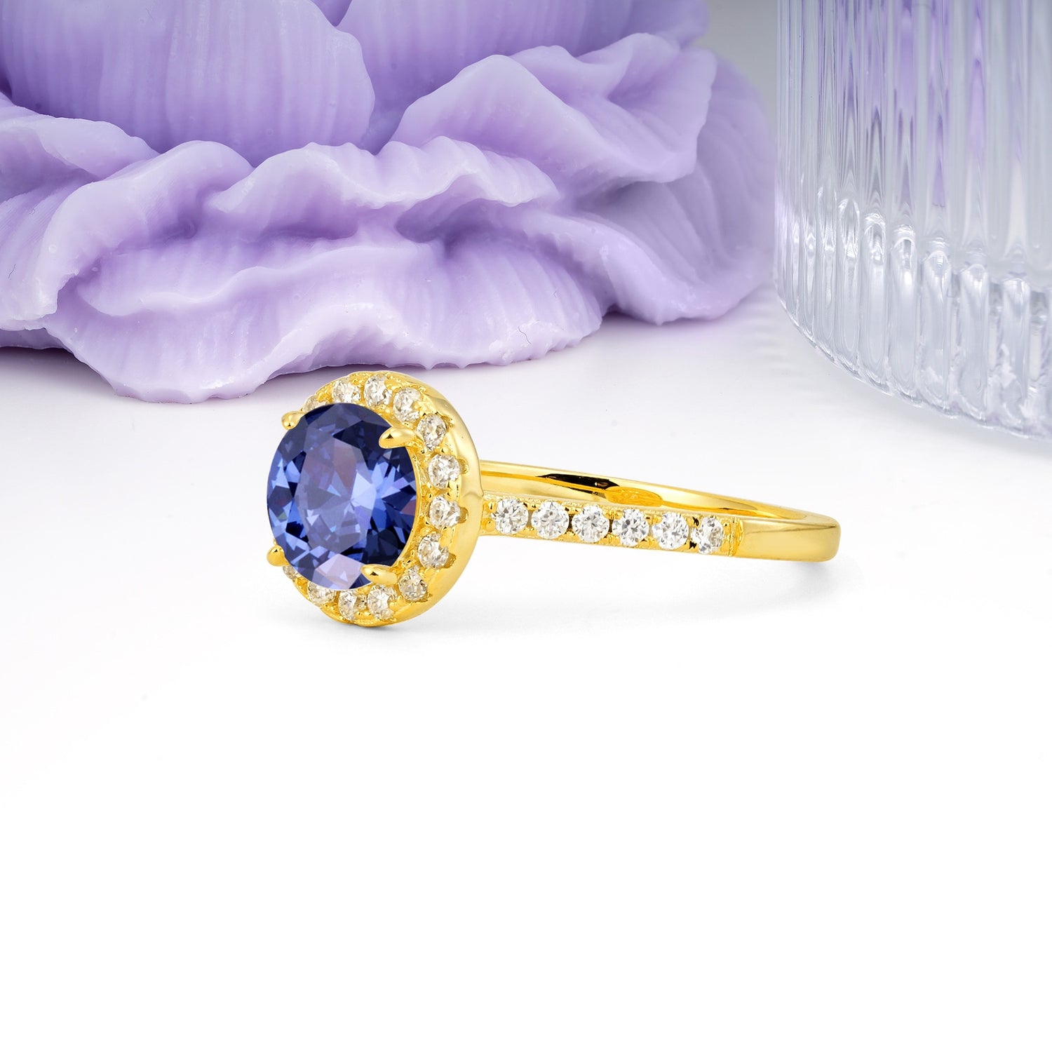 Luxurious Classic Pavé-Set, 4-Prong Round Cut Tanzanite Engagement Ring - Additional view