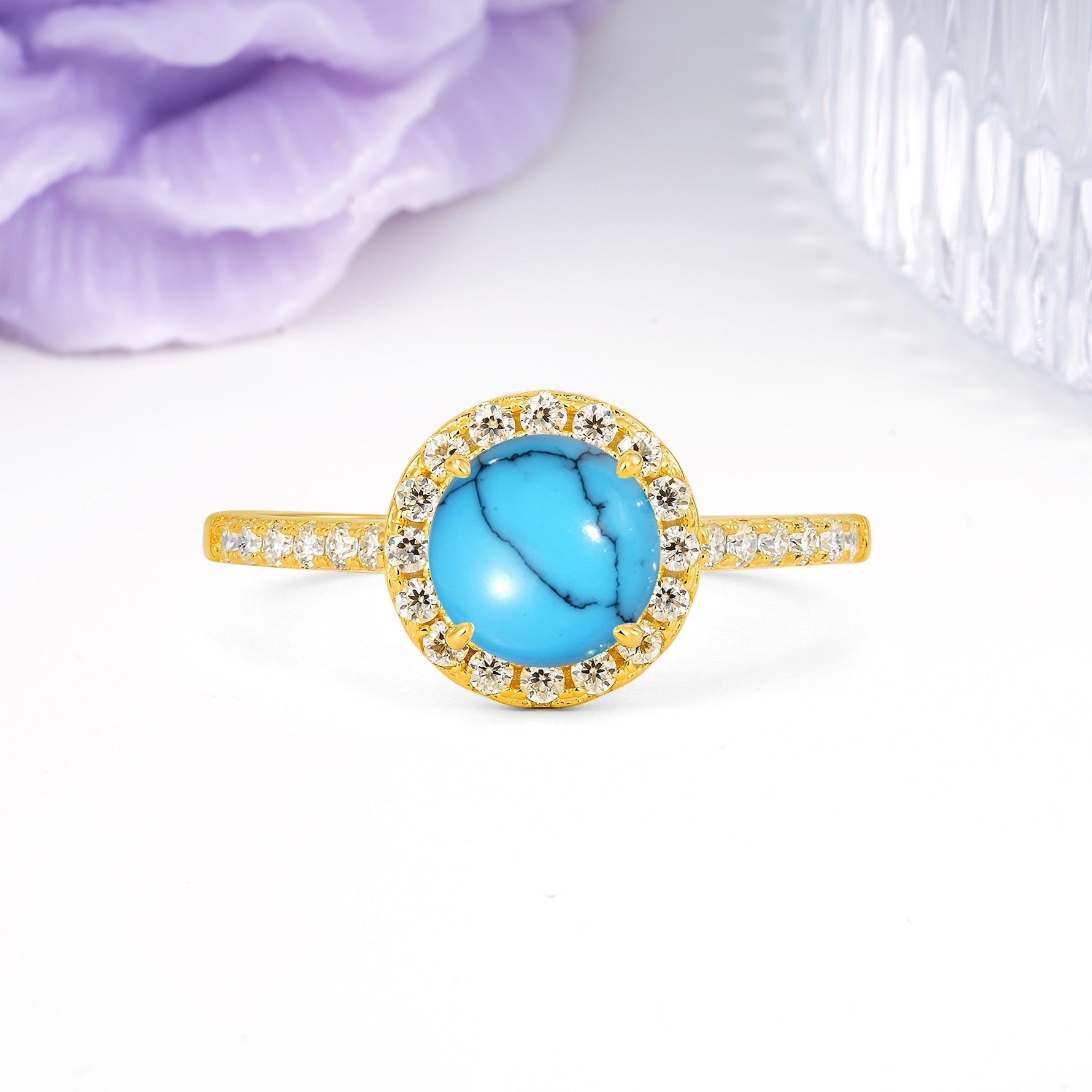 Luxurious Classic Pavé-Set, 4-Prong Round Cut Turquoise Engagement Ring - Additional view