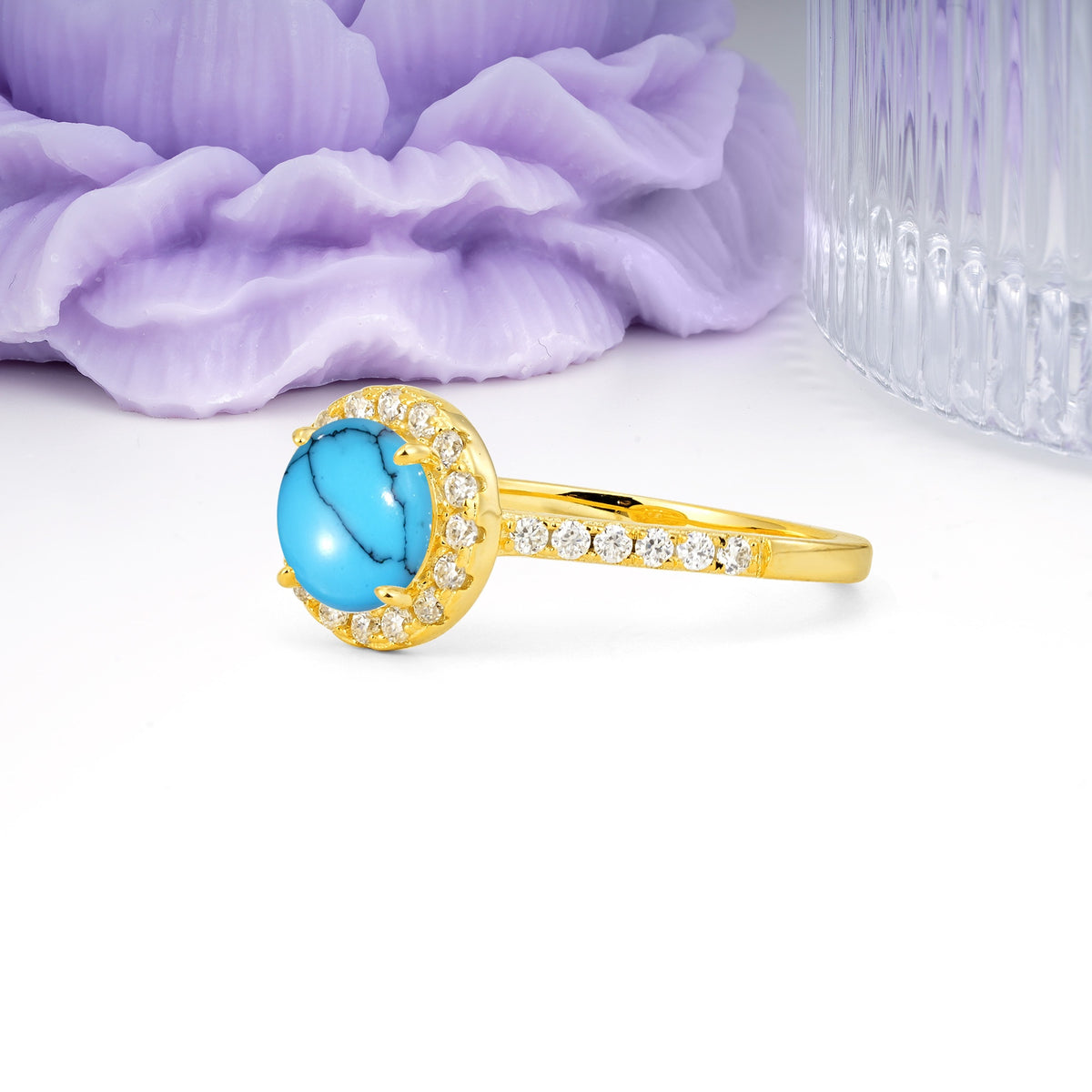 Luxurious Classic Pavé-Set, 4-Prong Round Cut Turquoise Engagement Ring - Additional view