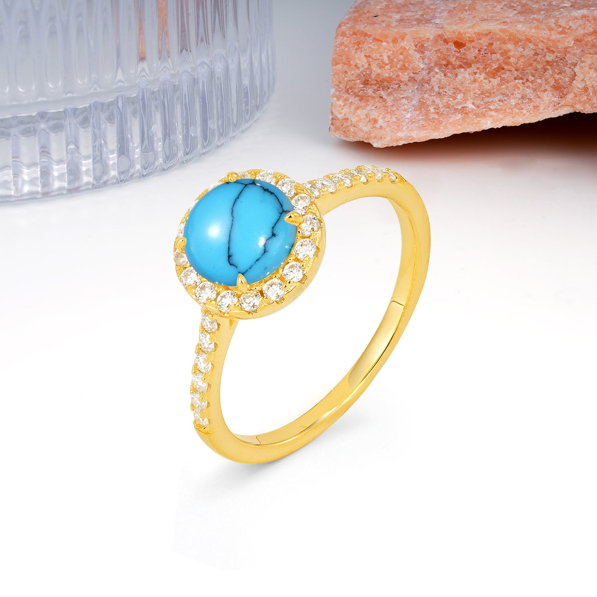 Luxurious Classic Pavé-Set, 4-Prong Round Cut Turquoise Engagement Ring - Additional view