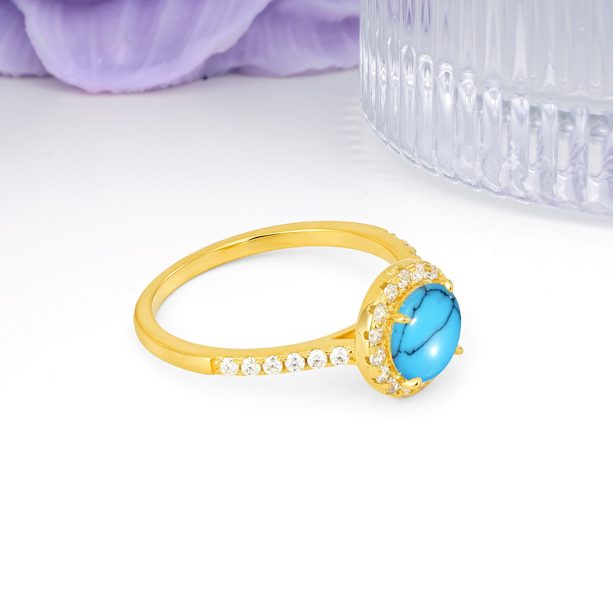 Luxurious Classic Pavé-Set, 4-Prong Round Cut Turquoise Engagement Ring - Additional view