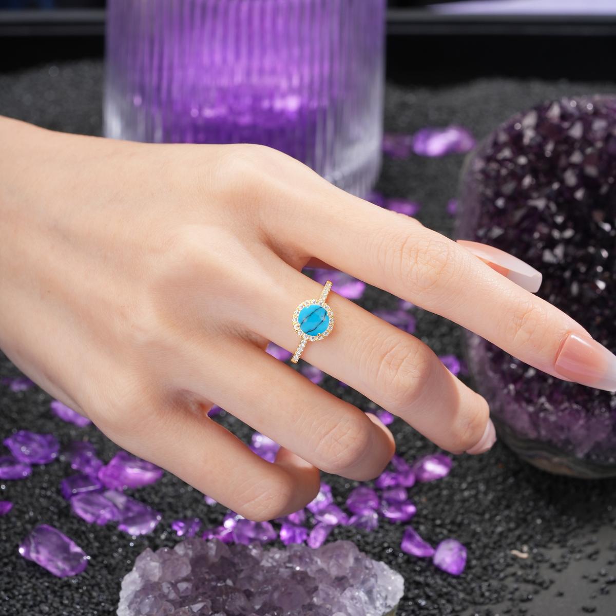 Luxurious Classic Pavé-Set, 4-Prong Round Cut Turquoise Engagement Ring