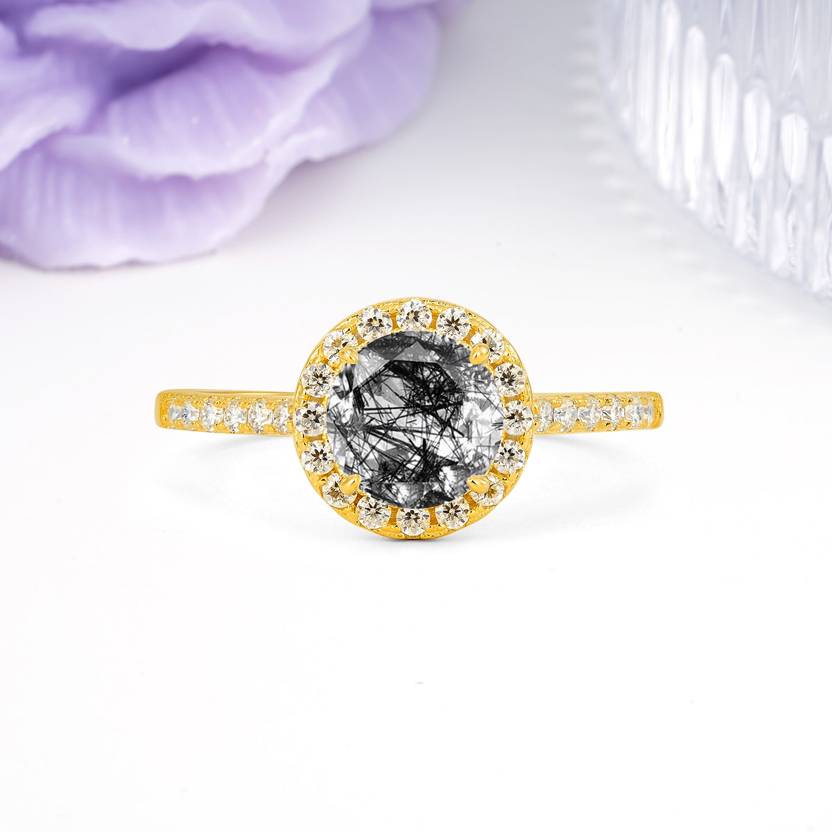 Luxurious Classic Pavé-Set, 4-Prong Round Cut Black Rutilated Quartz Engagement Ring - Additional view