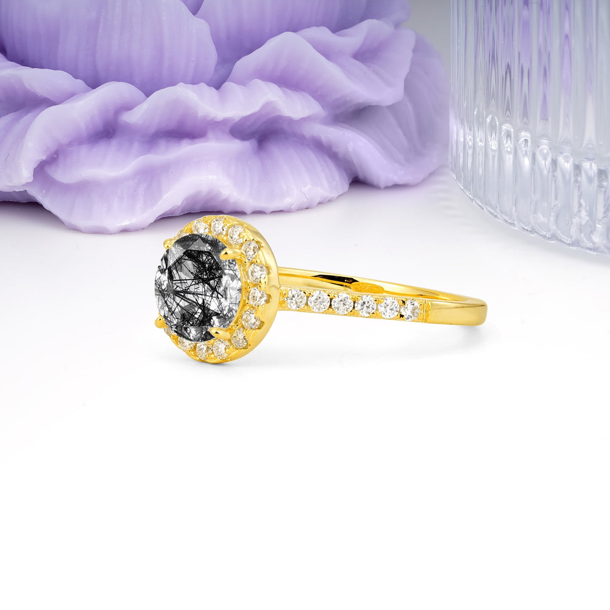 Luxurious Classic Pavé-Set, 4-Prong Round Cut Black Rutilated Quartz Engagement Ring - Additional view