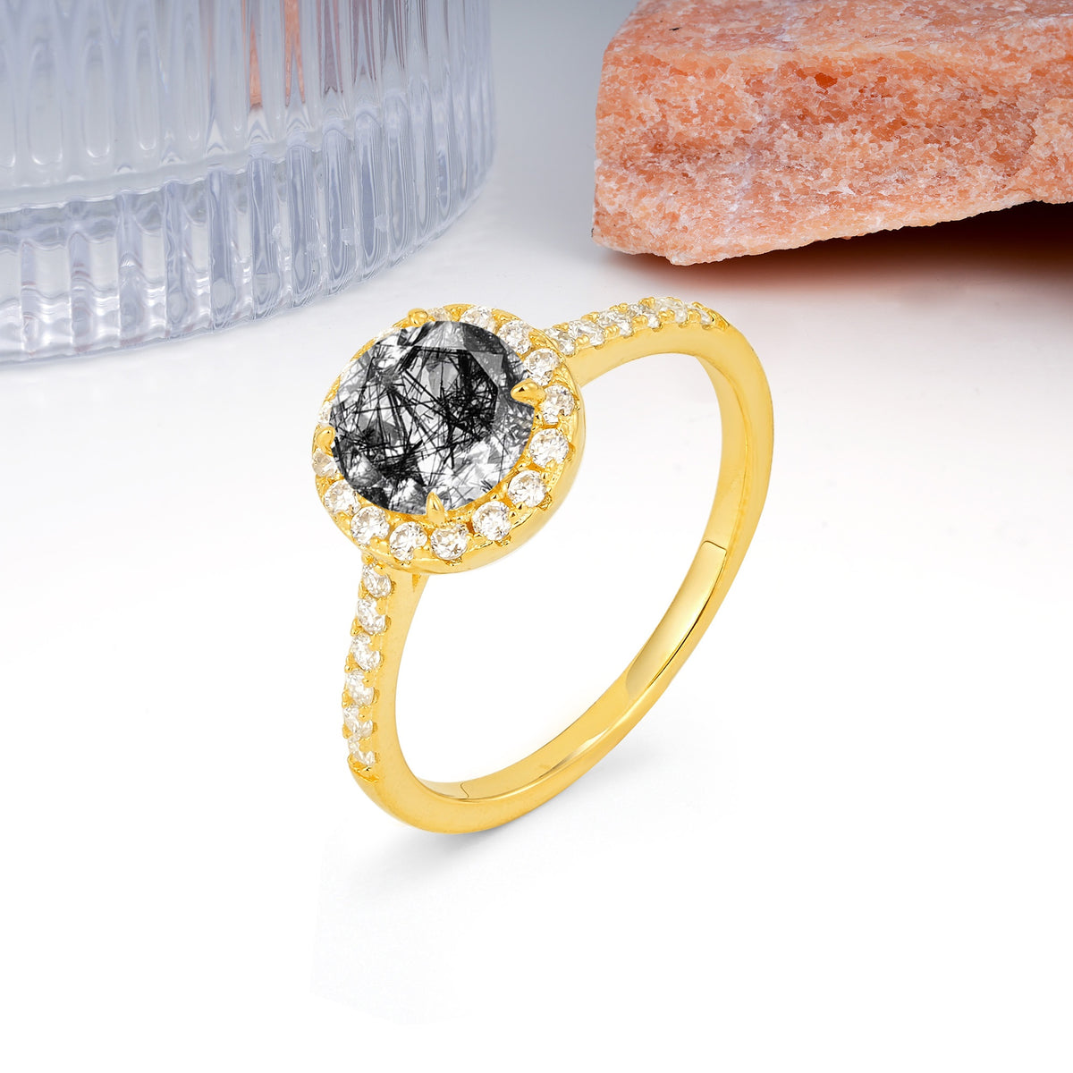 Luxurious Classic Pavé-Set, 4-Prong Round Cut Black Rutilated Quartz Engagement Ring - Additional view