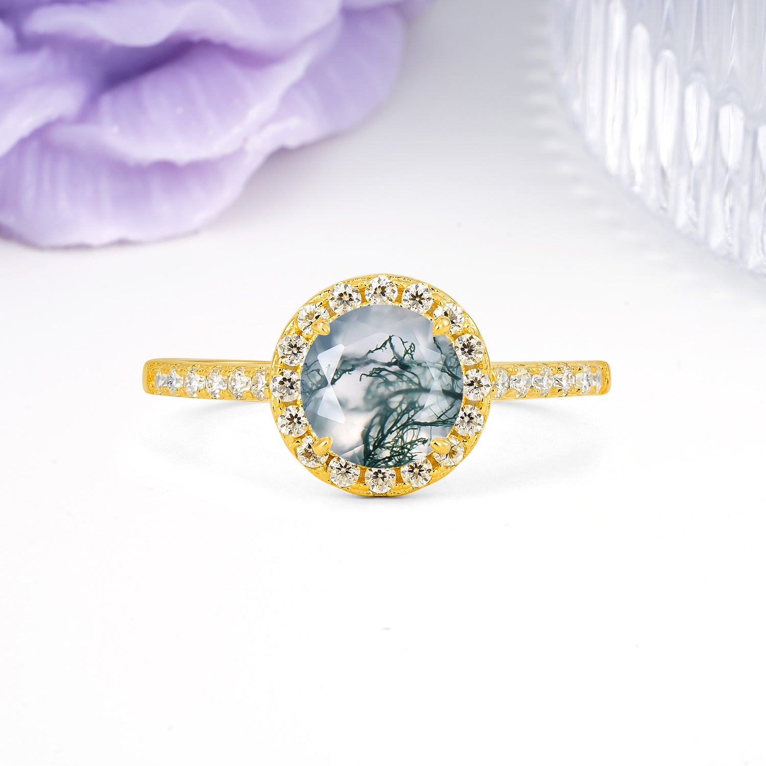 Luxurious Classic Pavé-Set, 4-Prong Round Cut Moss Agate Engagement Ring - Additional view