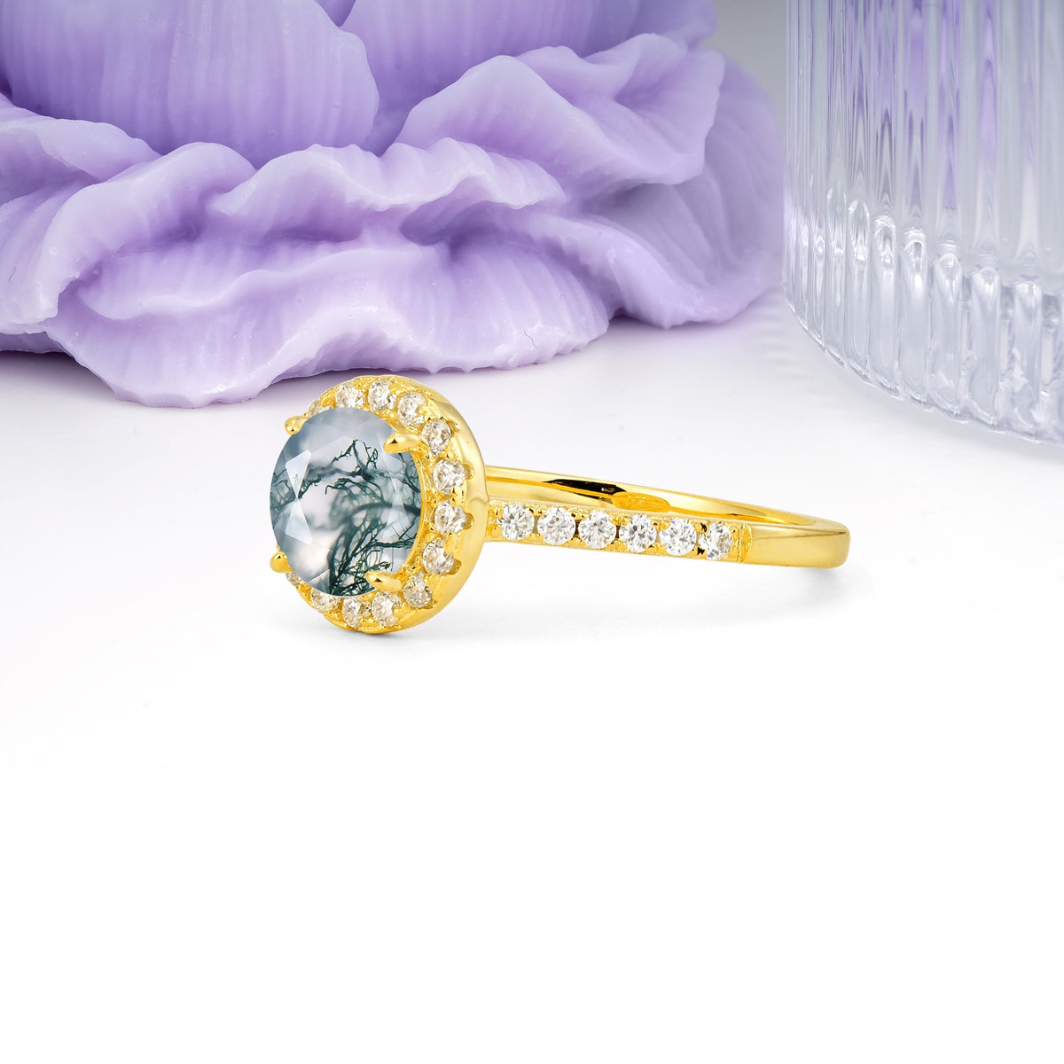 Luxurious Classic Pavé-Set, 4-Prong Round Cut Moss Agate Engagement Ring - Additional view