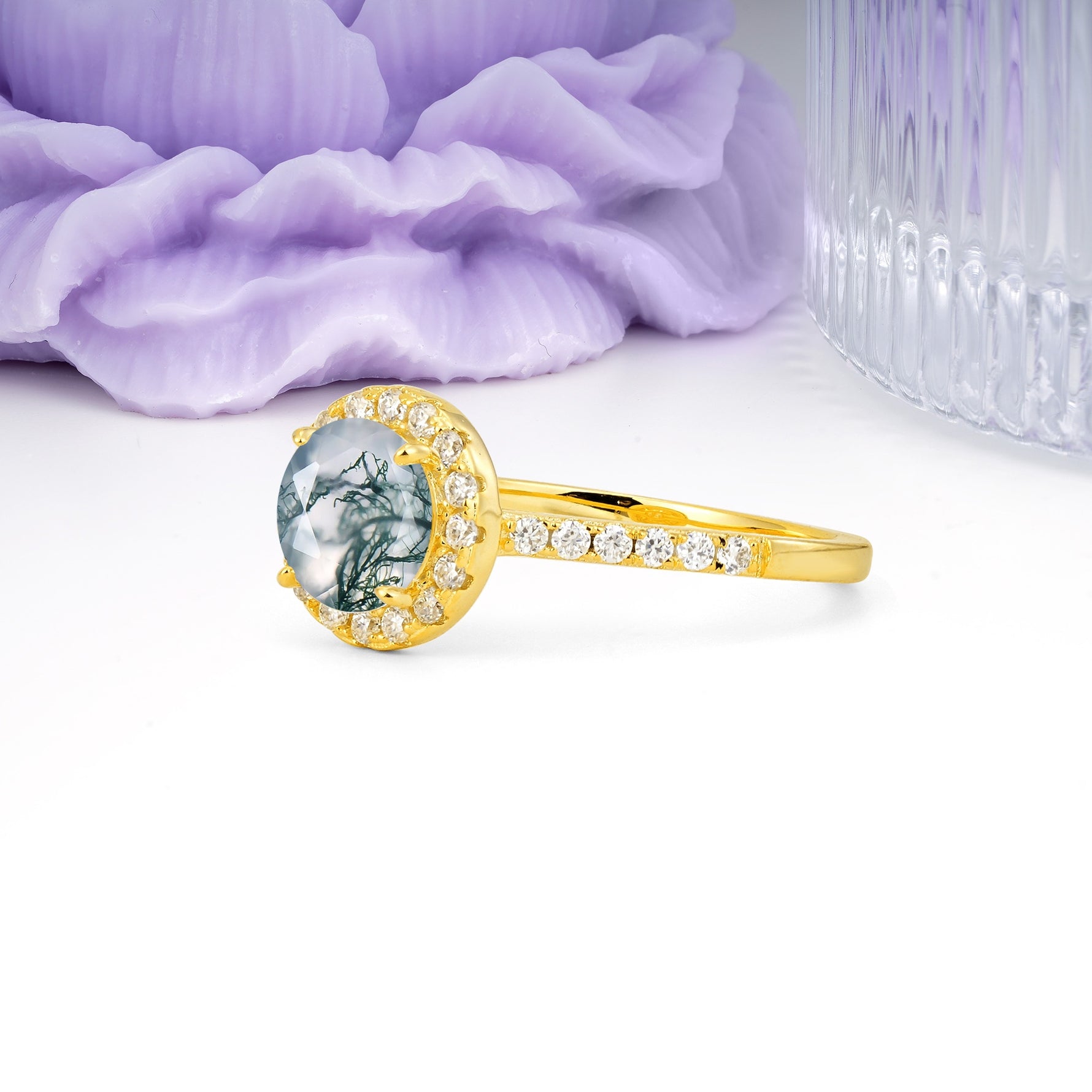 Luxurious Classic Pavé-Set, 4-Prong Round Cut Moss Agate Engagement Ring - Additional view