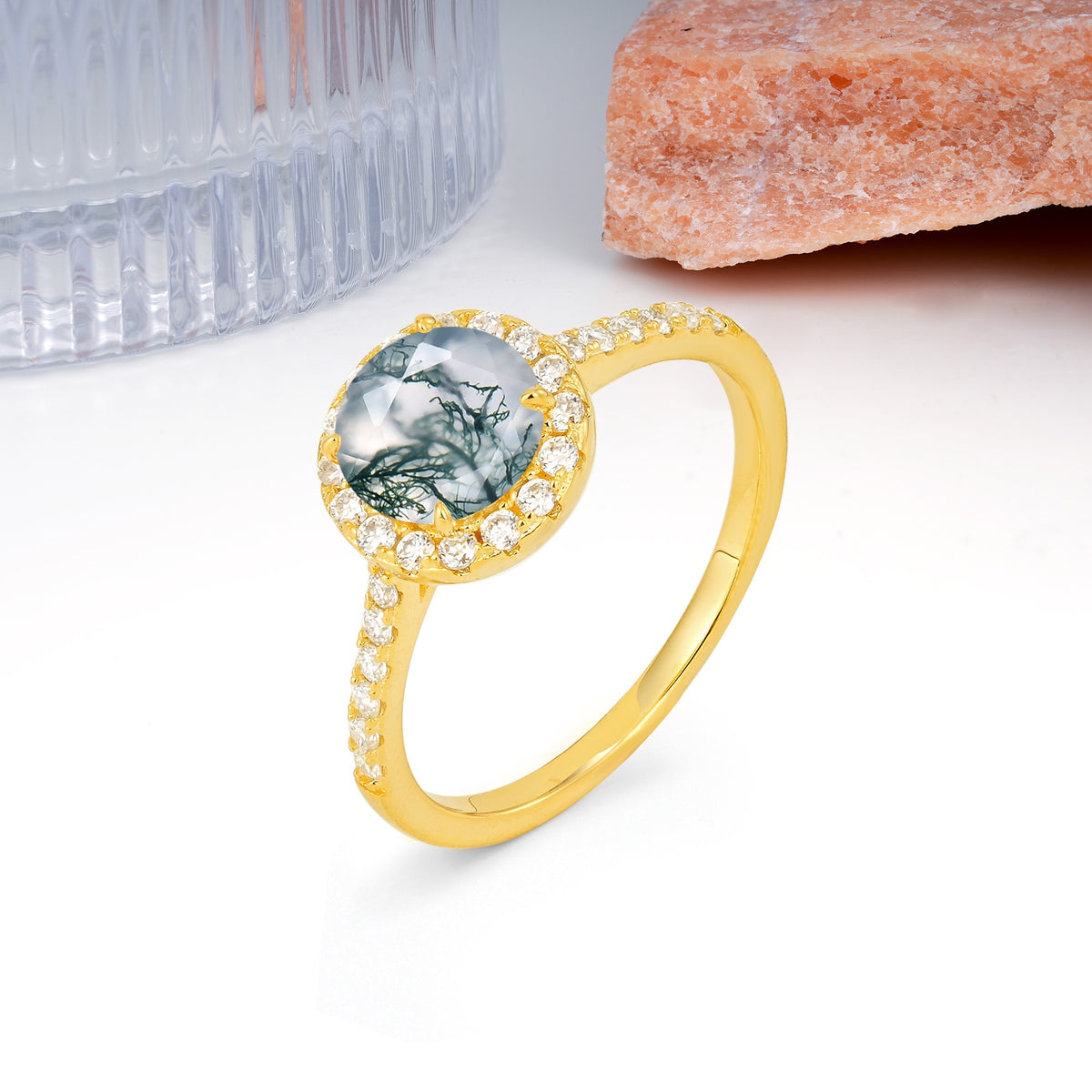 Luxurious Classic Pavé-Set, 4-Prong Round Cut Moss Agate Engagement Ring - Additional view