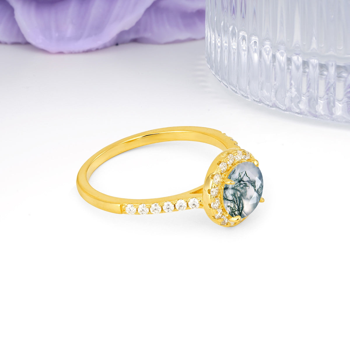 Luxurious Classic Pavé-Set, 4-Prong Round Cut Moss Agate Engagement Ring - Additional view