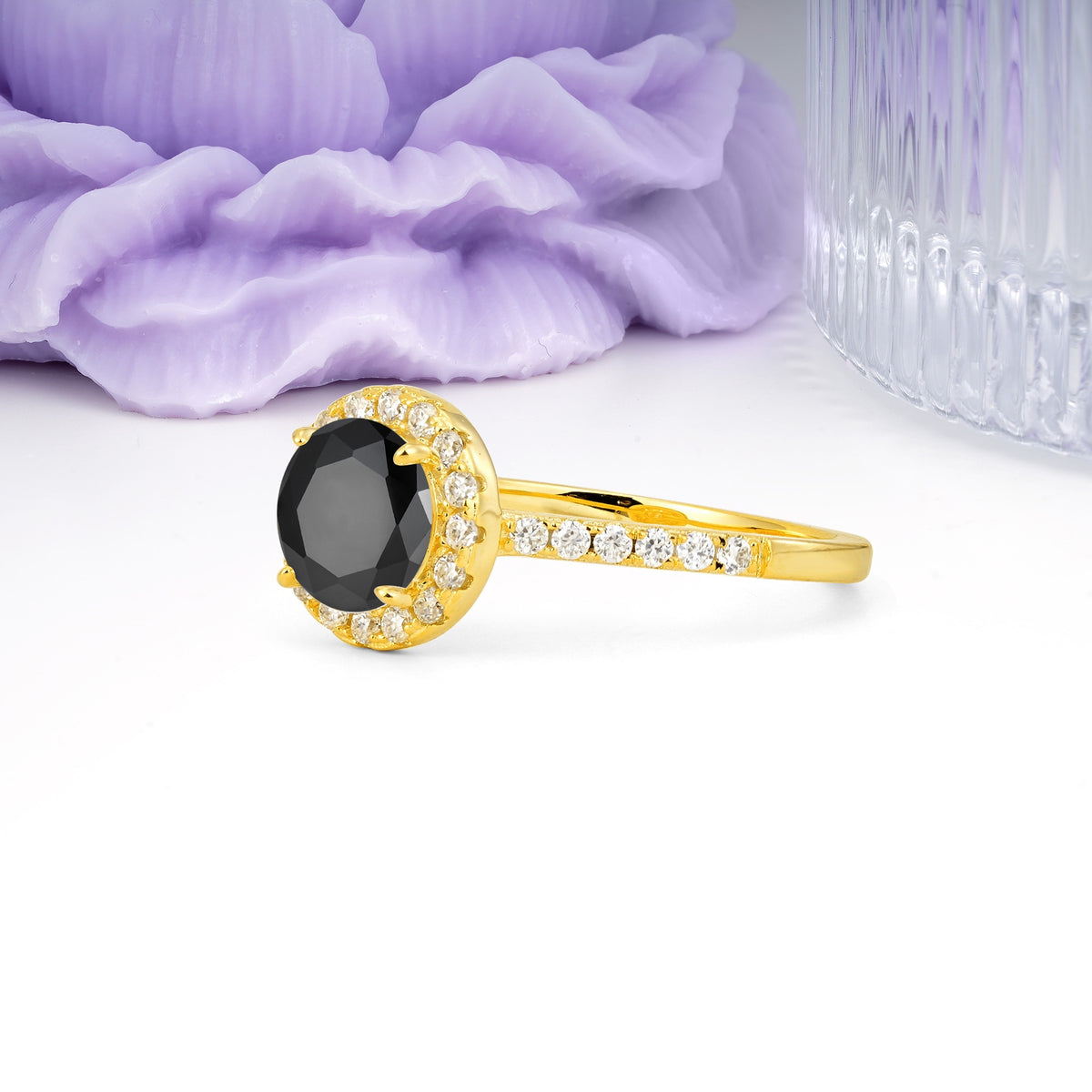 Luxurious Classic Pavé-Set, 4-Prong Round Cut Black Onyx Engagement Ring - Additional view