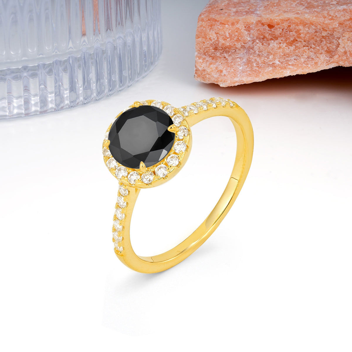 Luxurious Classic Pavé-Set, 4-Prong Round Cut Black Onyx Engagement Ring - Additional view