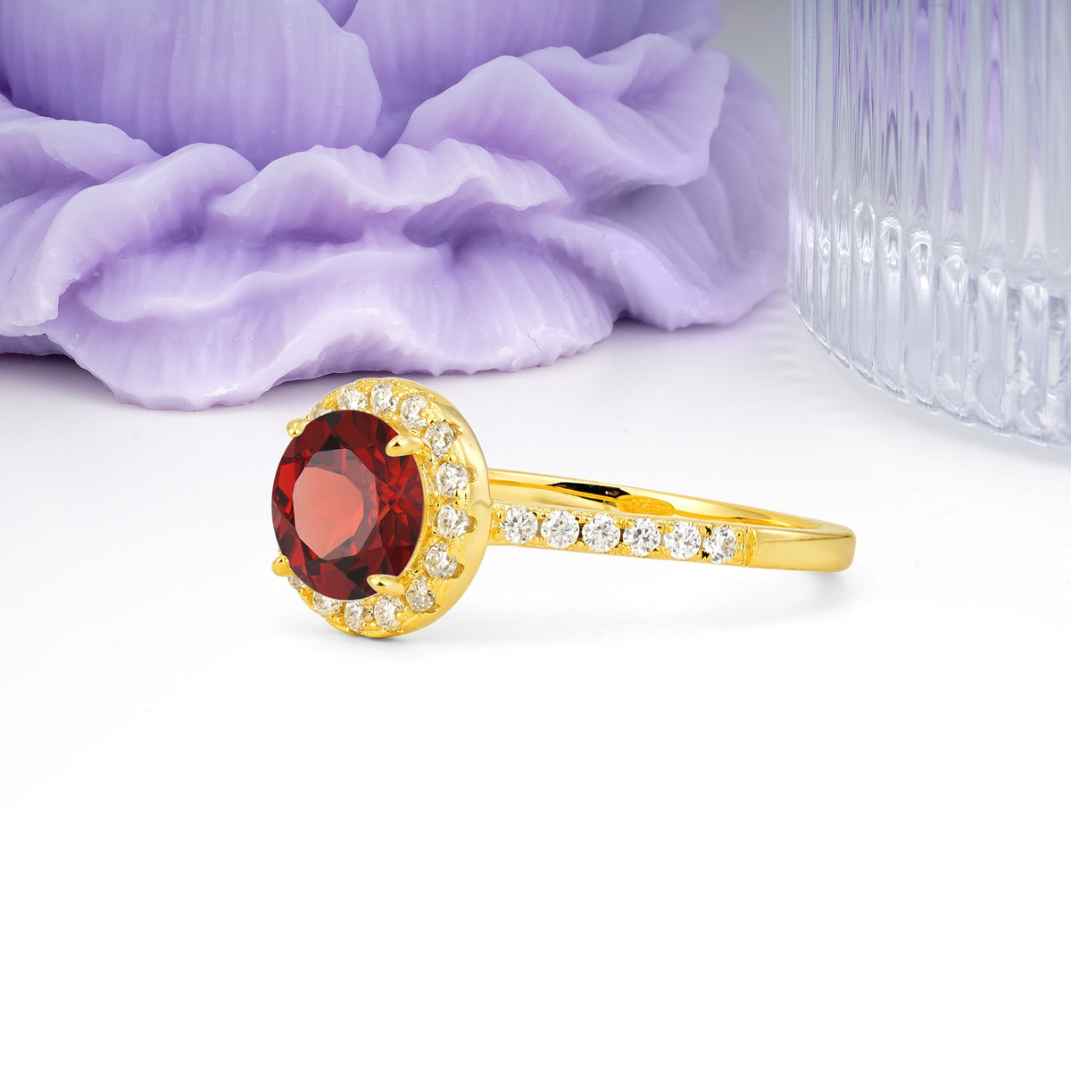 Luxurious Classic Pavé-Set, 4-Prong Round Cut Garnet Engagement Ring - Additional view