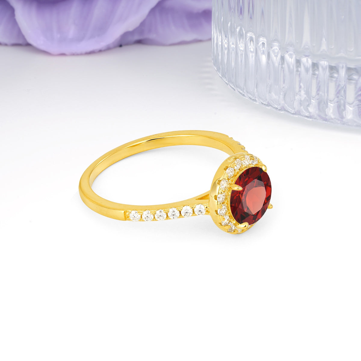 Luxurious Classic Pavé-Set, 4-Prong Round Cut Garnet Engagement Ring - Additional view