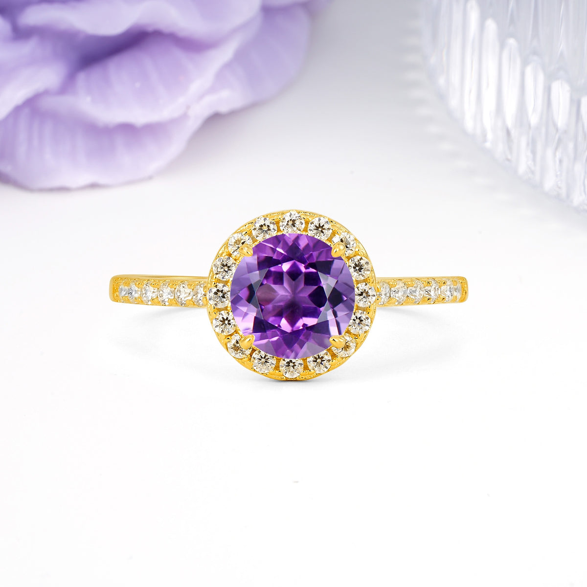 Luxurious Classic Pavé-Set, 4-Prong Round Cut Amethyst Engagement Ring - Additional view